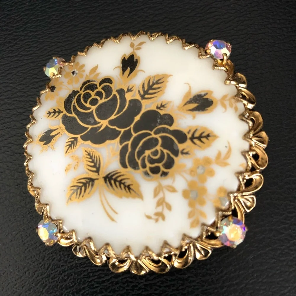 Large Vintage Rose Cameo w AB Crystals Brooch Pin